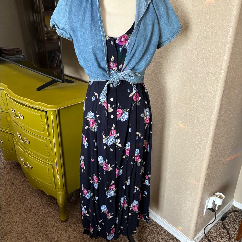 Vintage Floral Maxi Dress with Denim Top L